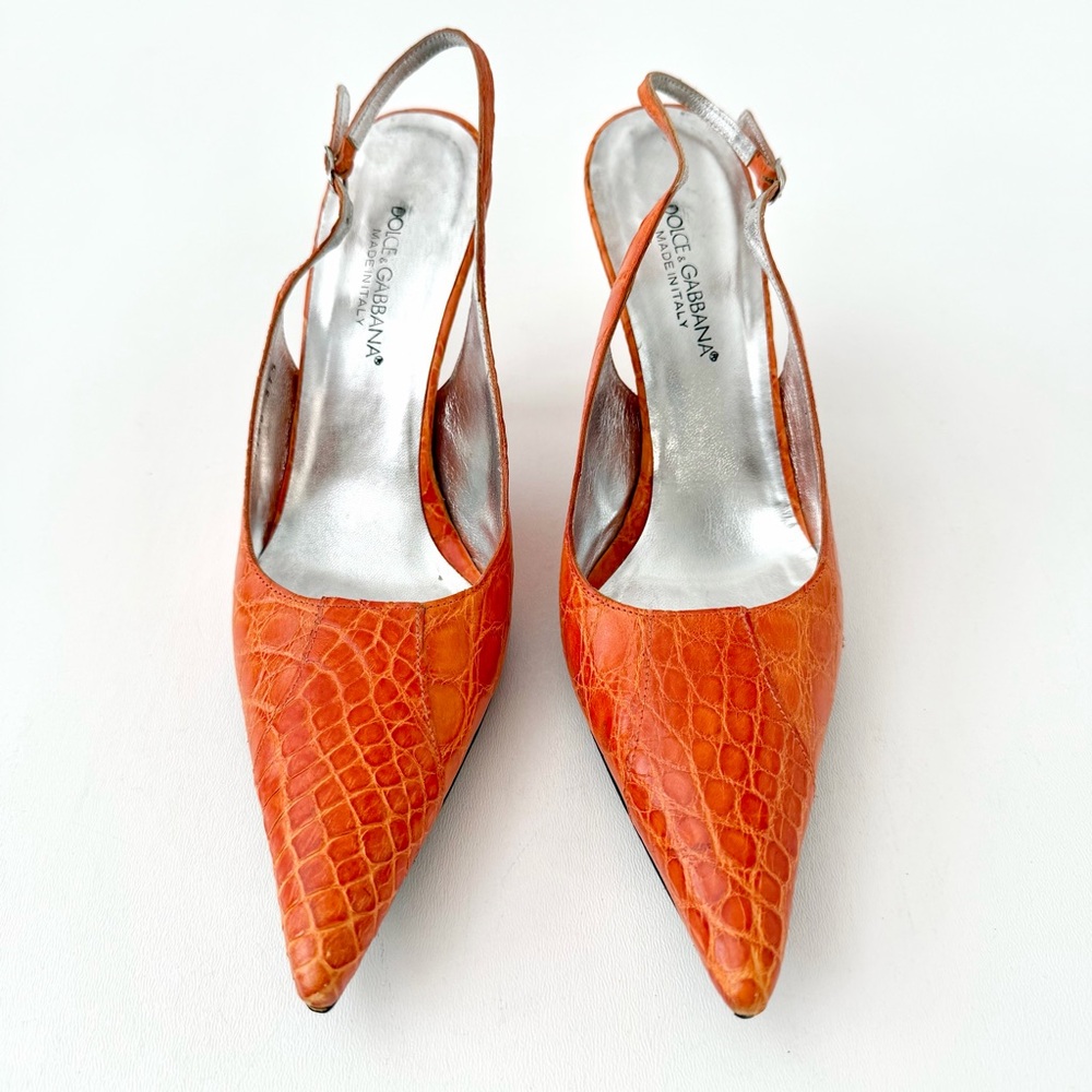 DOLCE & GABBANA | Orange Croc Embossed Slingback Kitten Heels EU 37.5 - Picture 4 of 13